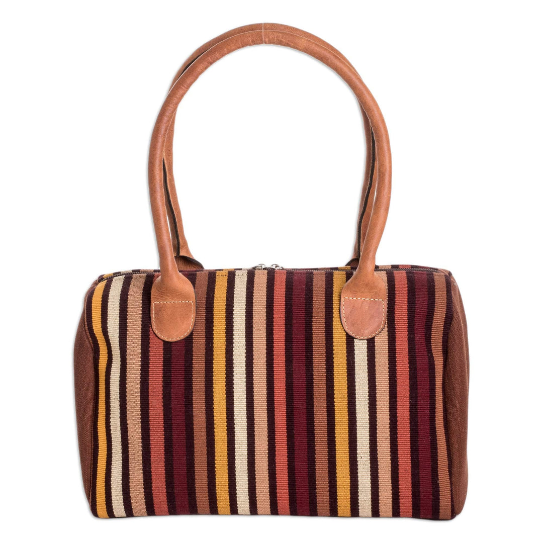 Leather-Accented Warm-Toned Striped Cotton Handbag - Striped Realm