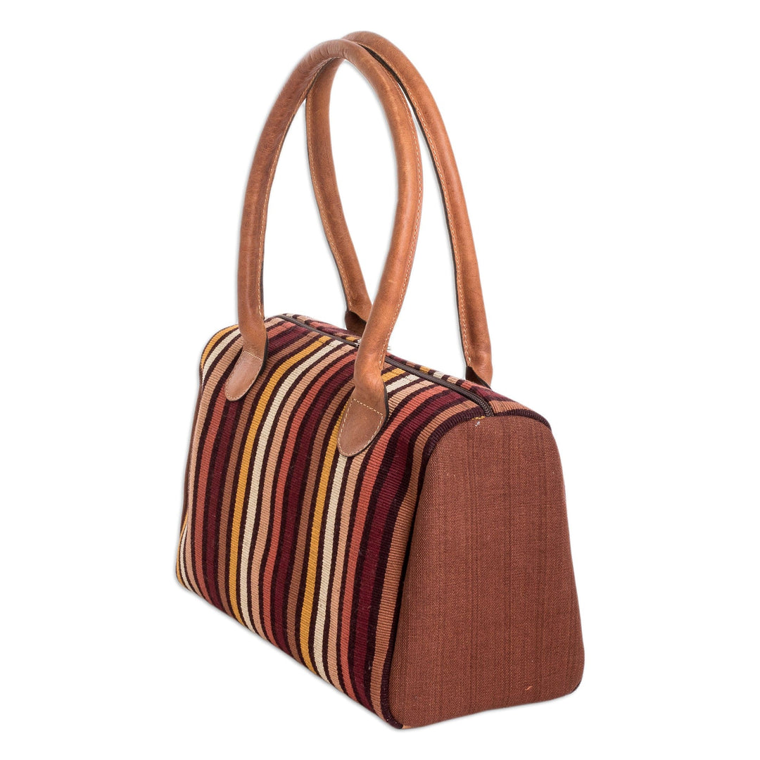 Leather-Accented Warm-Toned Striped Cotton Handbag - Striped Realm