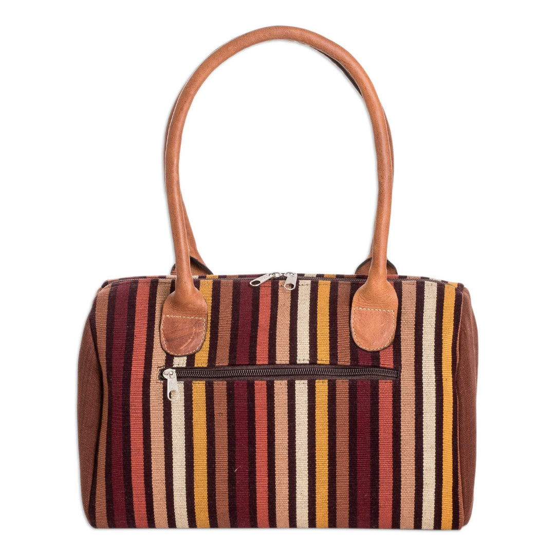 Leather-Accented Warm-Toned Striped Cotton Handbag - Striped Realm