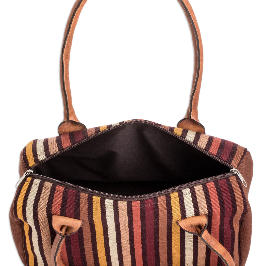 Leather-Accented Warm-Toned Striped Cotton Handbag - Striped Realm