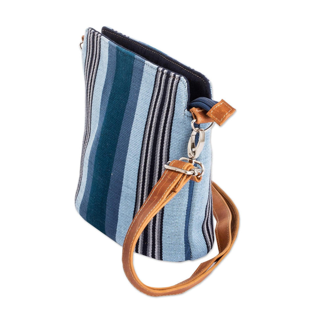 Blue-Toned Striped Cotton Sling Bag with a Leather Strap - Oceanic Shadows