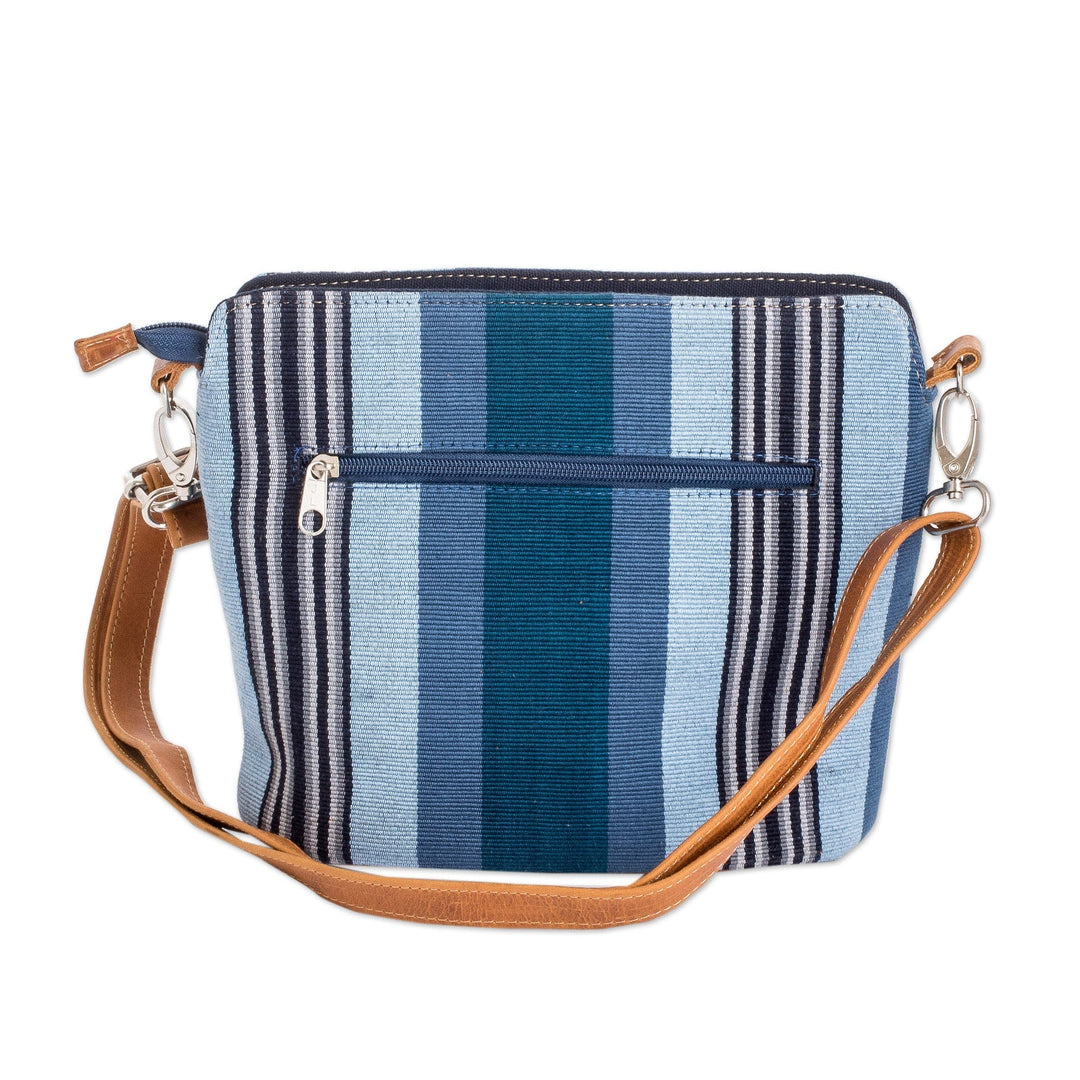 Blue-Toned Striped Cotton Sling Bag with a Leather Strap - Oceanic Shadows