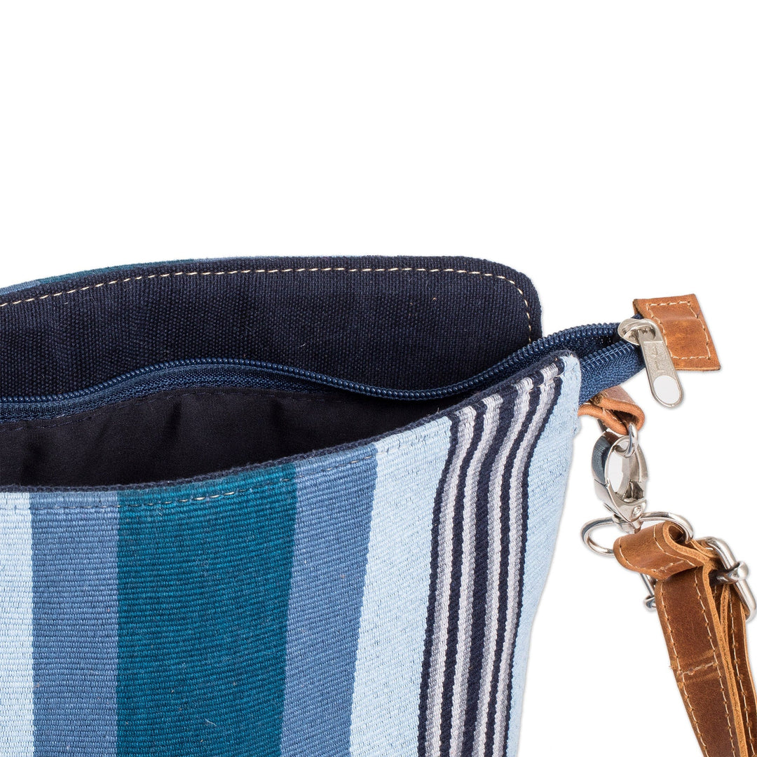 Blue-Toned Striped Cotton Sling Bag with a Leather Strap - Oceanic Shadows