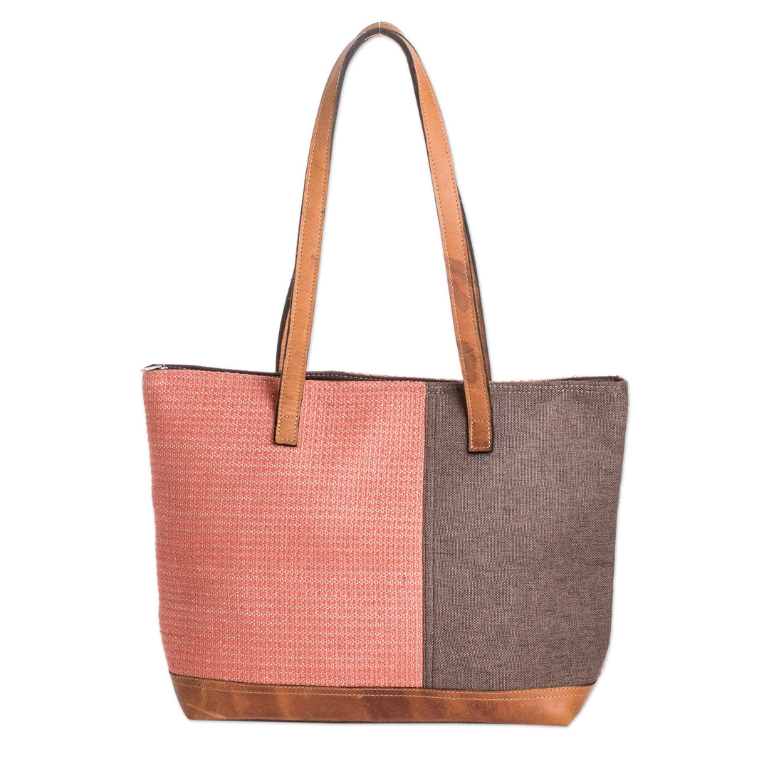 Leather-Accented Cotton Shoulder Bag in Salmon and Taupe - Salmon Diversity