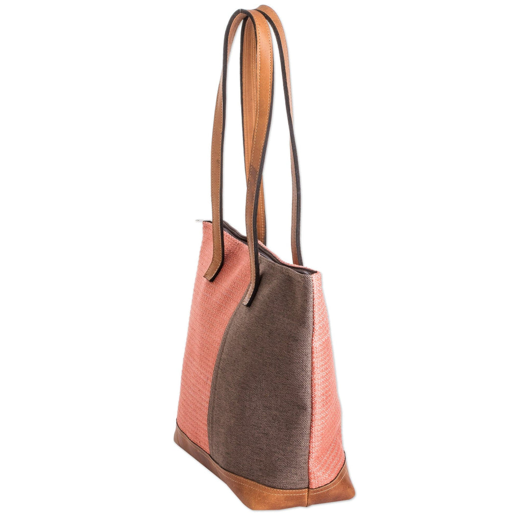 Leather-Accented Cotton Shoulder Bag in Salmon and Taupe - Salmon Diversity