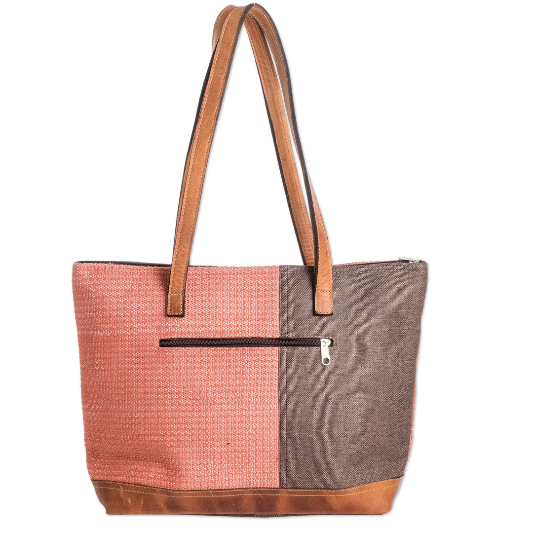 Leather-Accented Cotton Shoulder Bag in Salmon and Taupe - Salmon Diversity