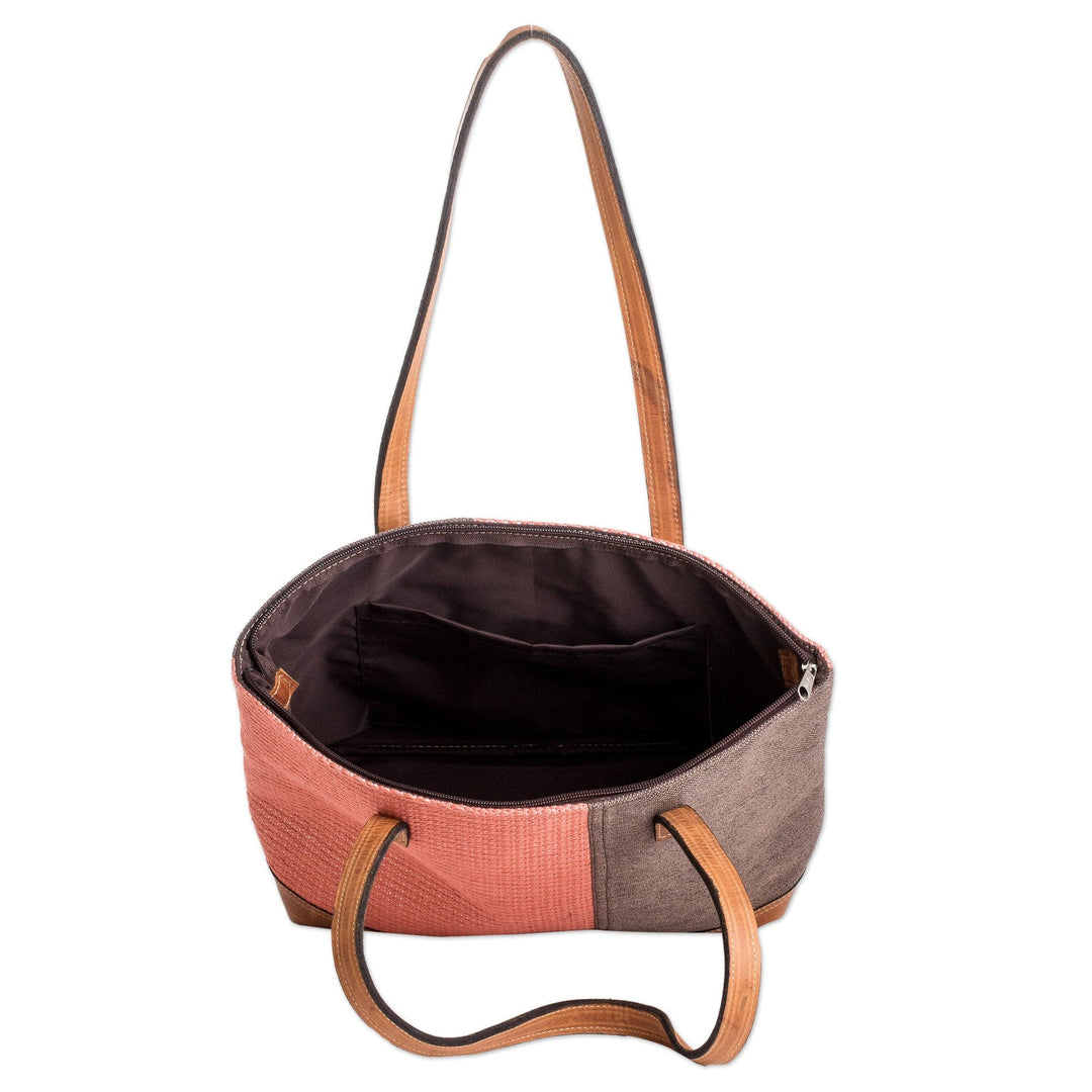Leather-Accented Cotton Shoulder Bag in Salmon and Taupe - Salmon Diversity