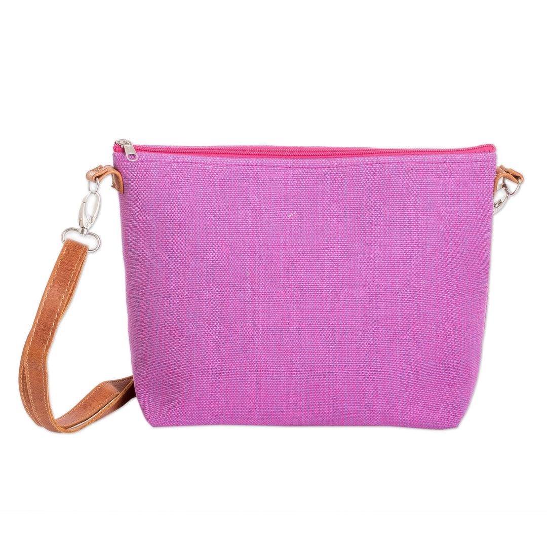 Handwoven Pink Cotton Sling Bag with Leather Straps - Silhouettes of Pink