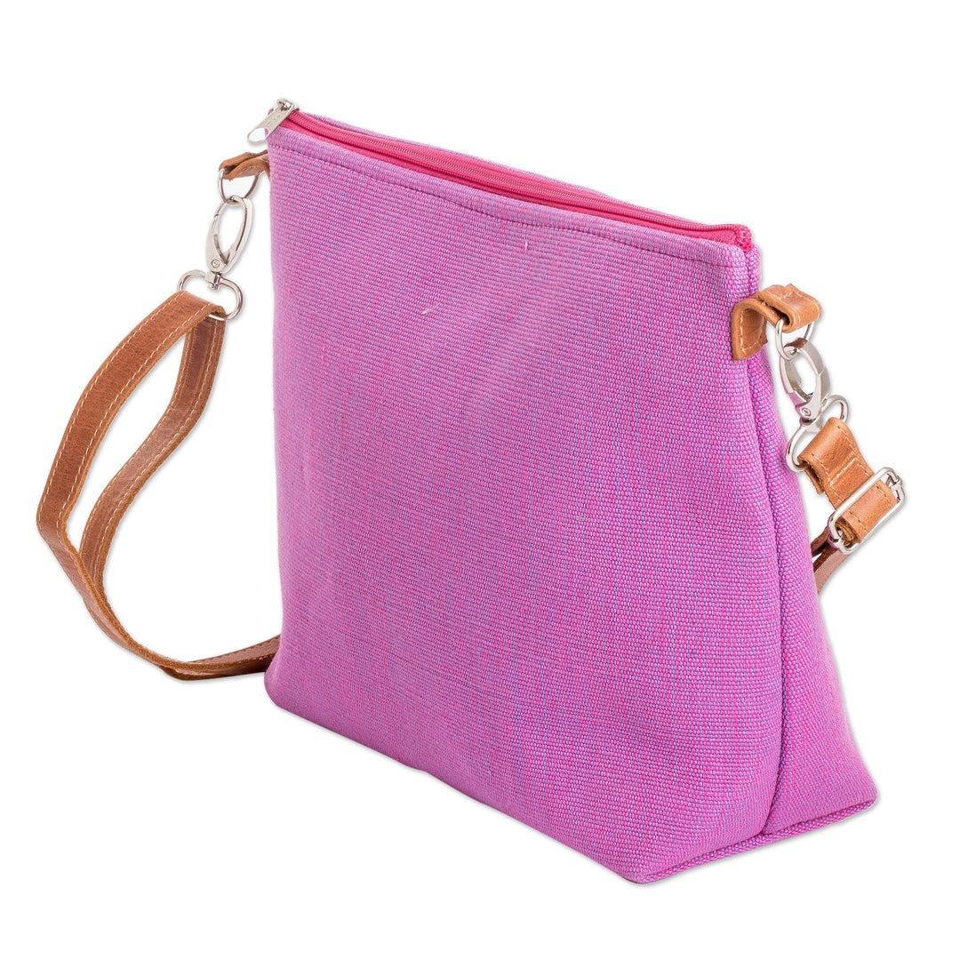 Handwoven Pink Cotton Sling Bag with Leather Straps - Silhouettes of Pink
