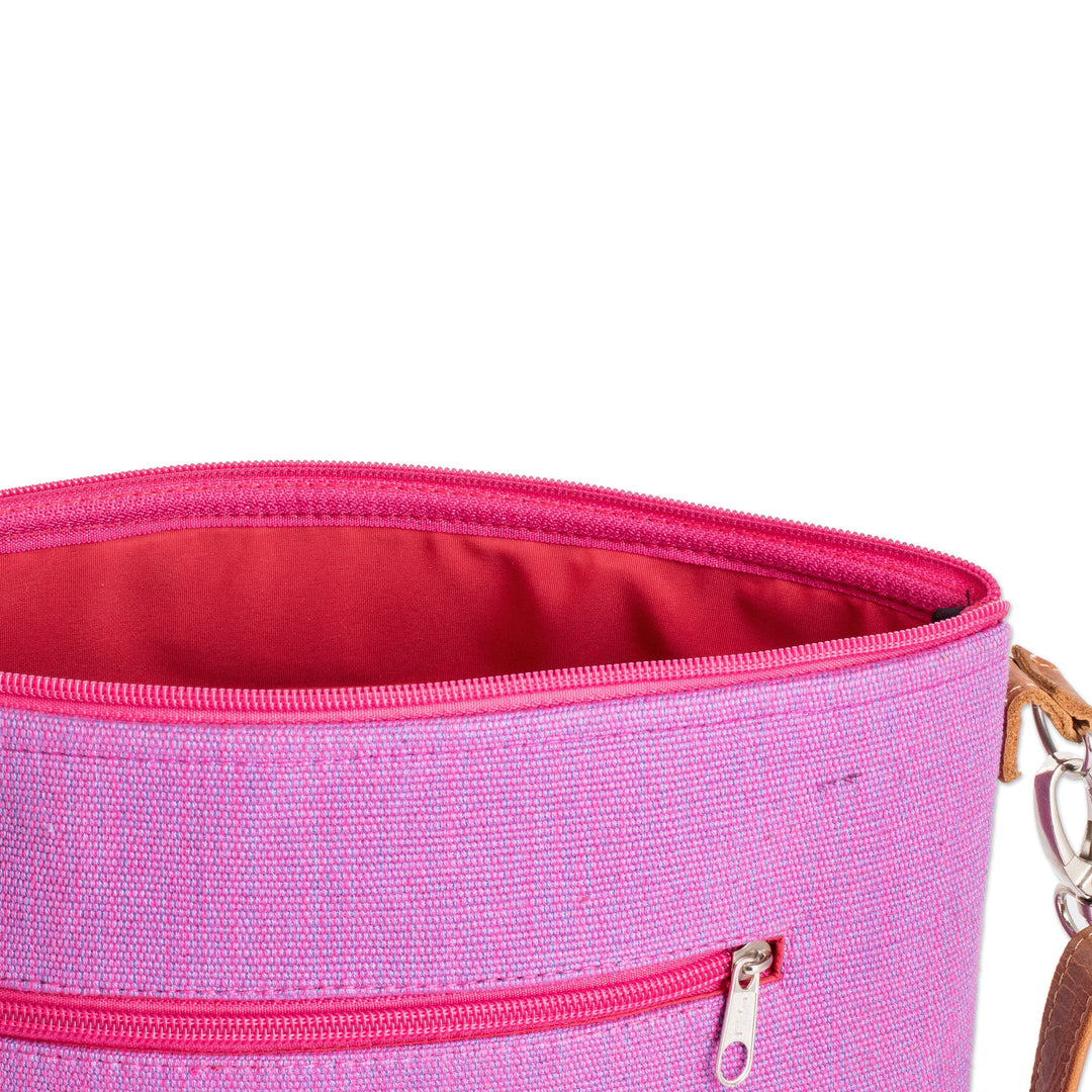 Handwoven Pink Cotton Sling Bag with Leather Straps - Silhouettes of Pink