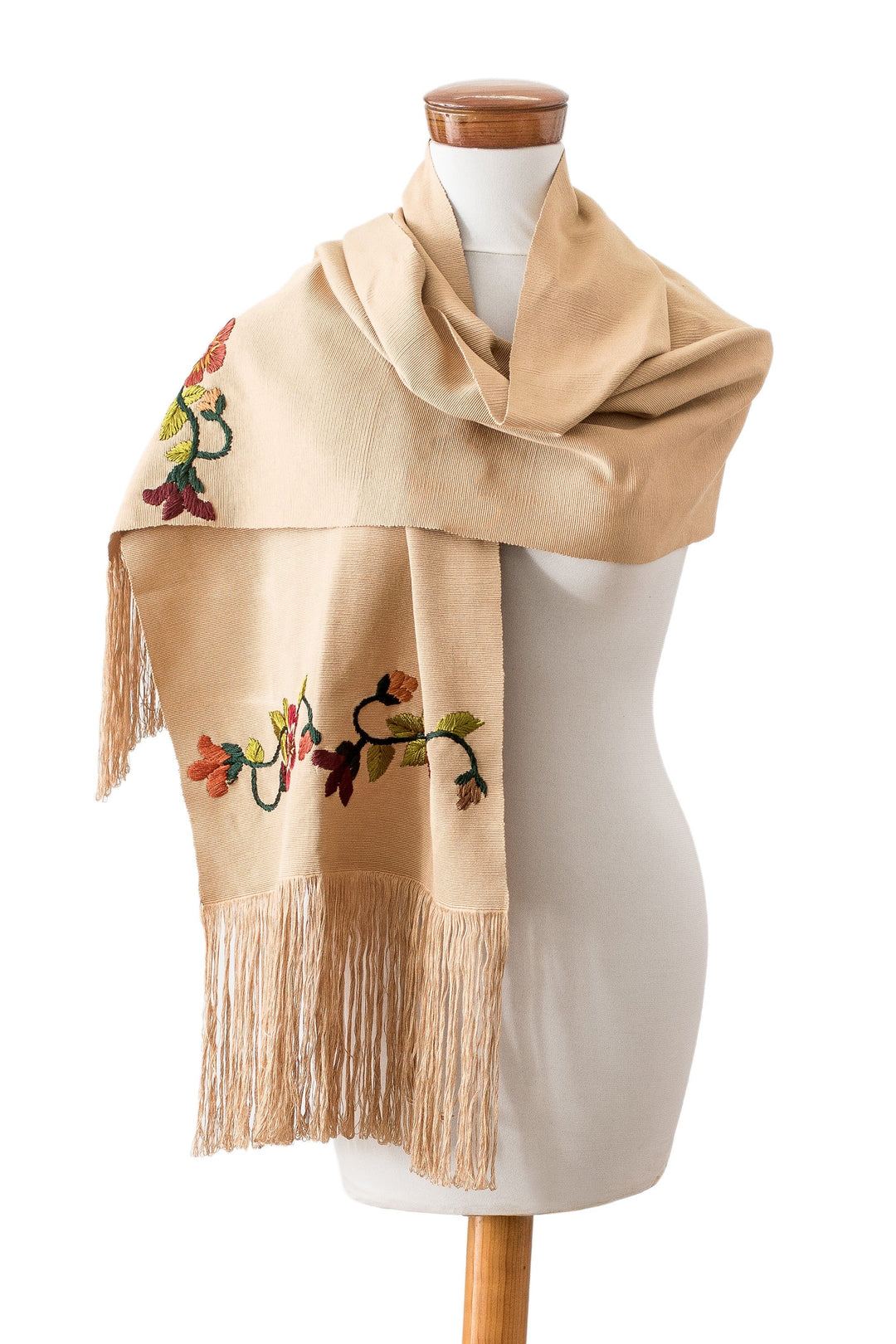 Floral Embroidered Beige Cotton Shawl with Fringes - Kind Beige