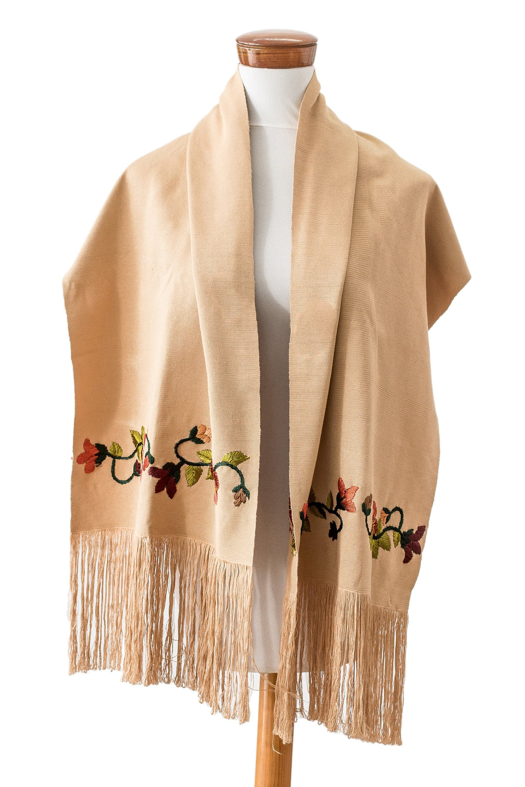 Floral Embroidered Beige Cotton Shawl with Fringes - Kind Beige