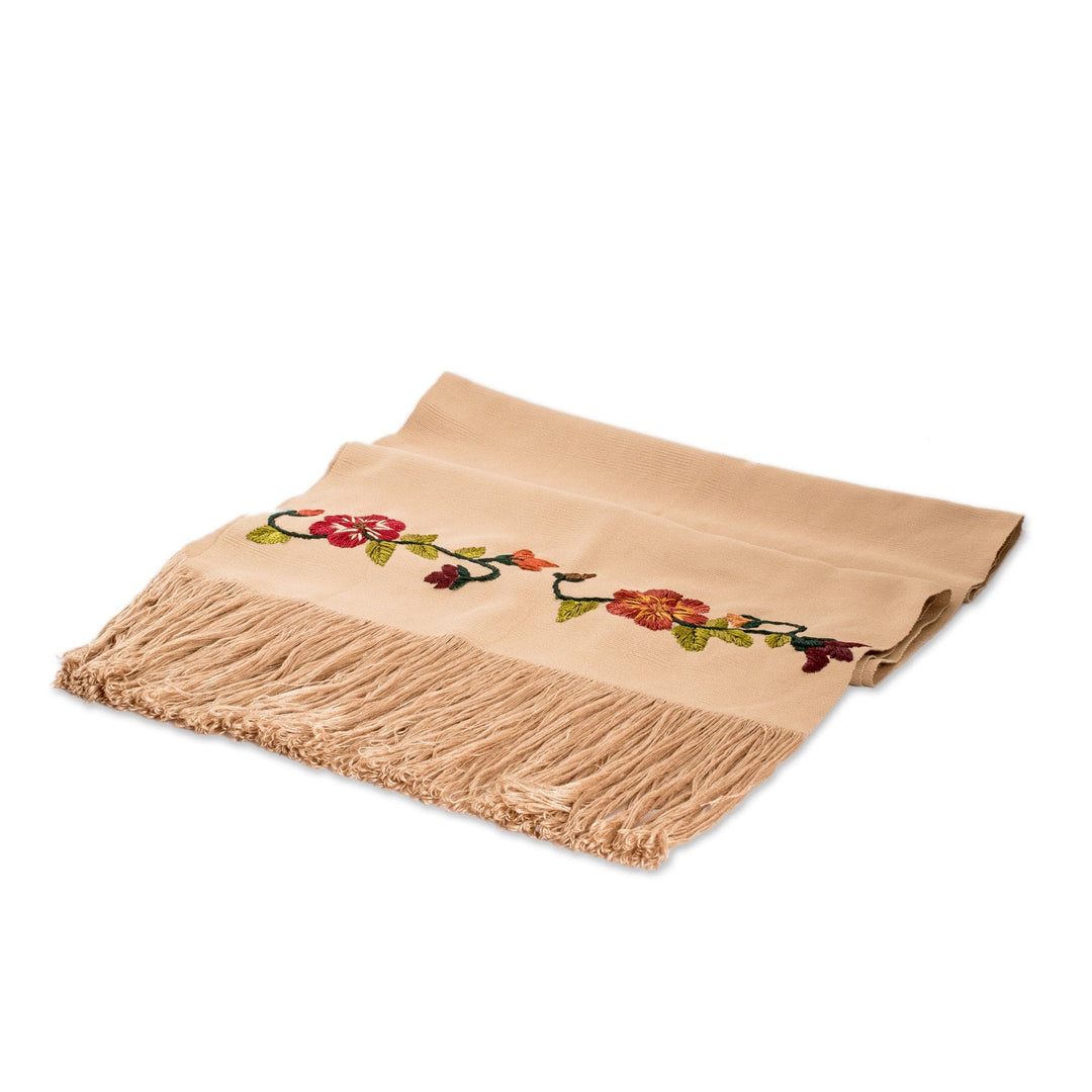 Floral Embroidered Beige Cotton Shawl with Fringes - Kind Beige