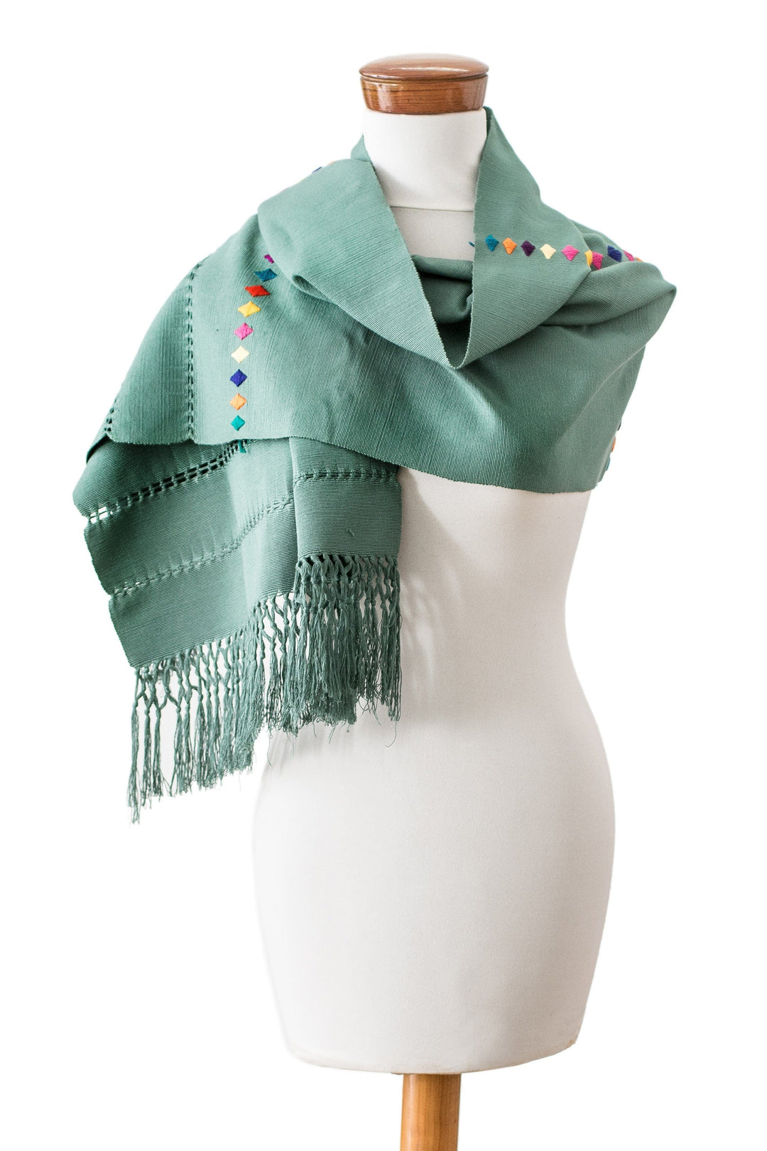 Handwoven Striped Jade Cotton Shawl with Fringes - Jade Festival