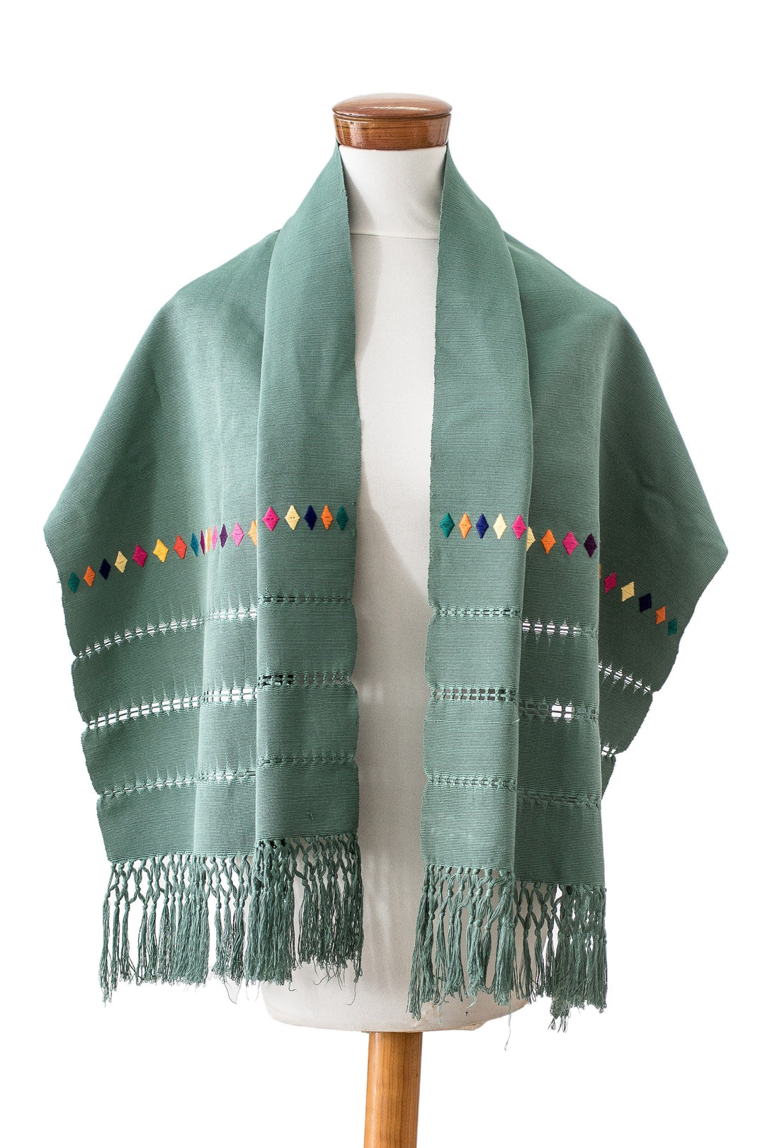Handwoven Striped Jade Cotton Shawl with Fringes - Jade Festival