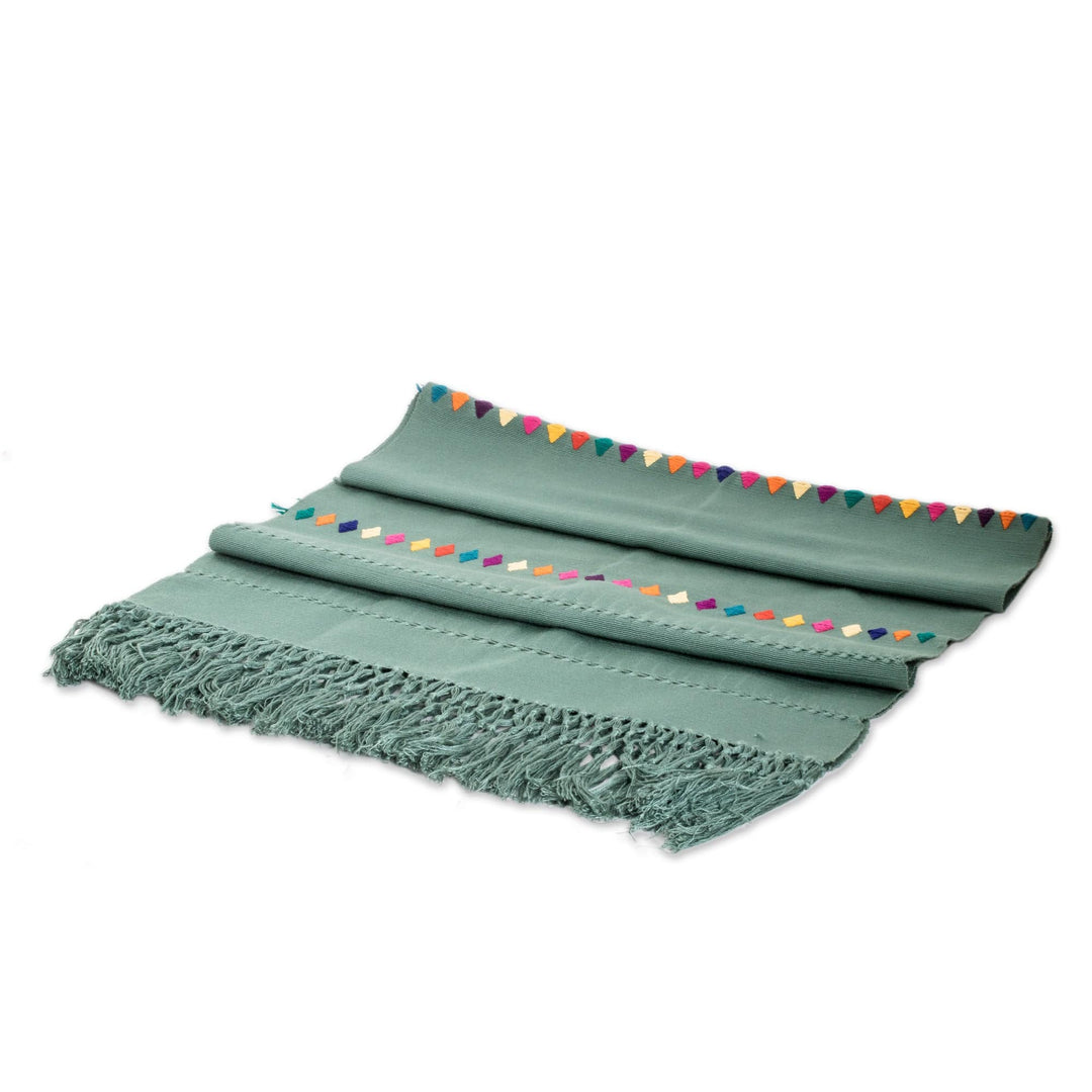 Handwoven Striped Jade Cotton Shawl with Fringes - Jade Festival