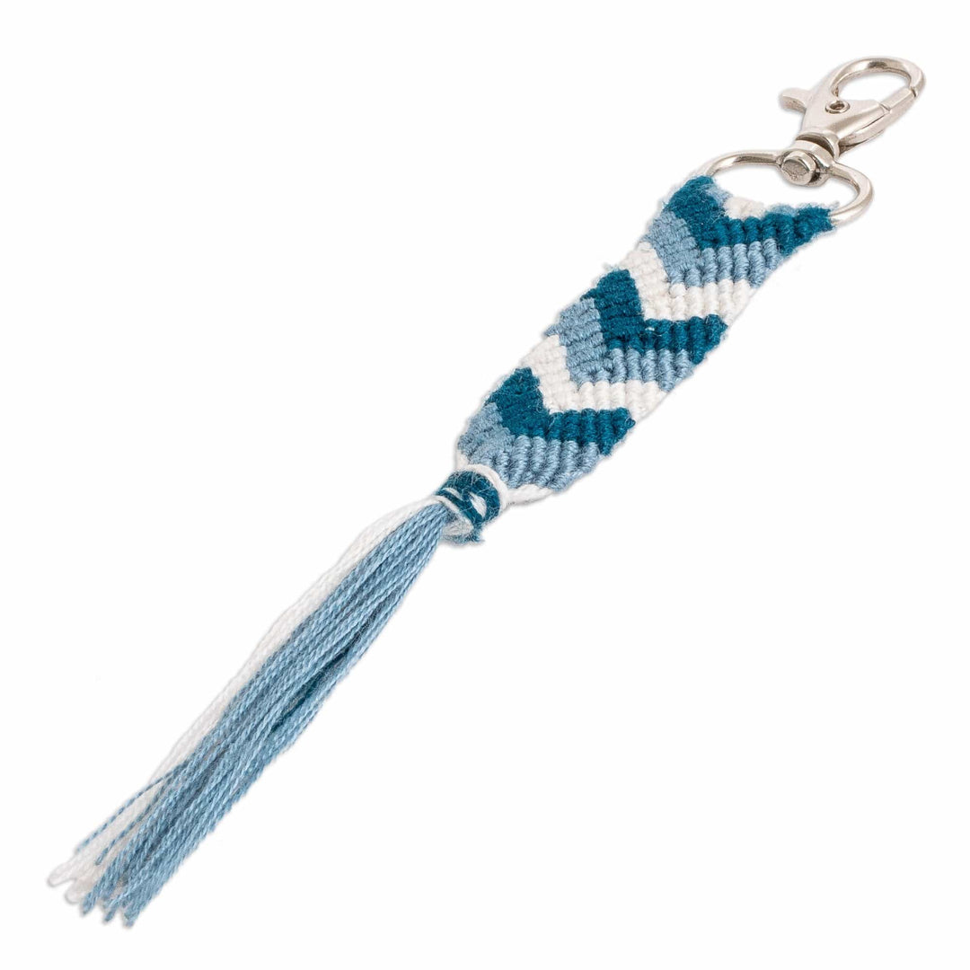 Blue & White Macrame Keychain & Bag Charm with Chevron Motif - Silhouettes in the Sea