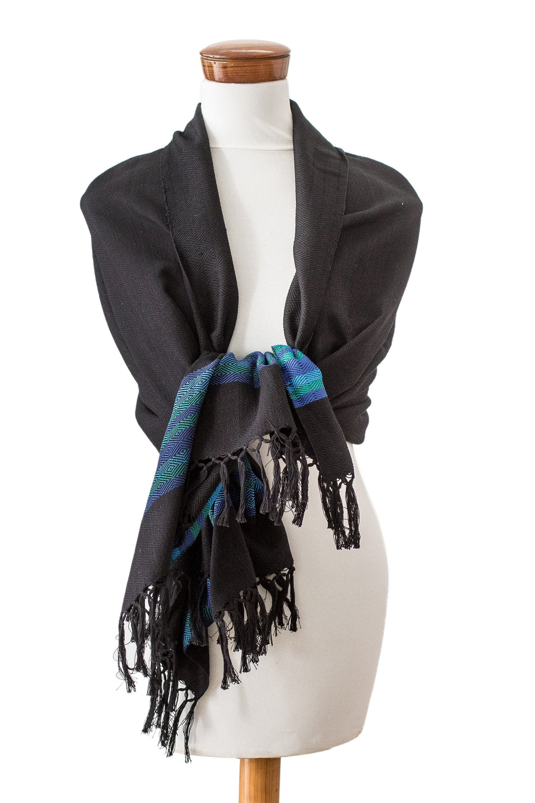 Handloomed Black Cotton Shawl with Blue Stripes and Fringes - Mystic Twilight