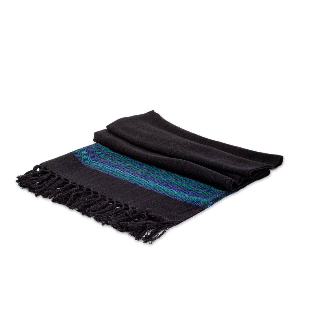 Handloomed Black Cotton Shawl with Blue Stripes and Fringes - Mystic Twilight