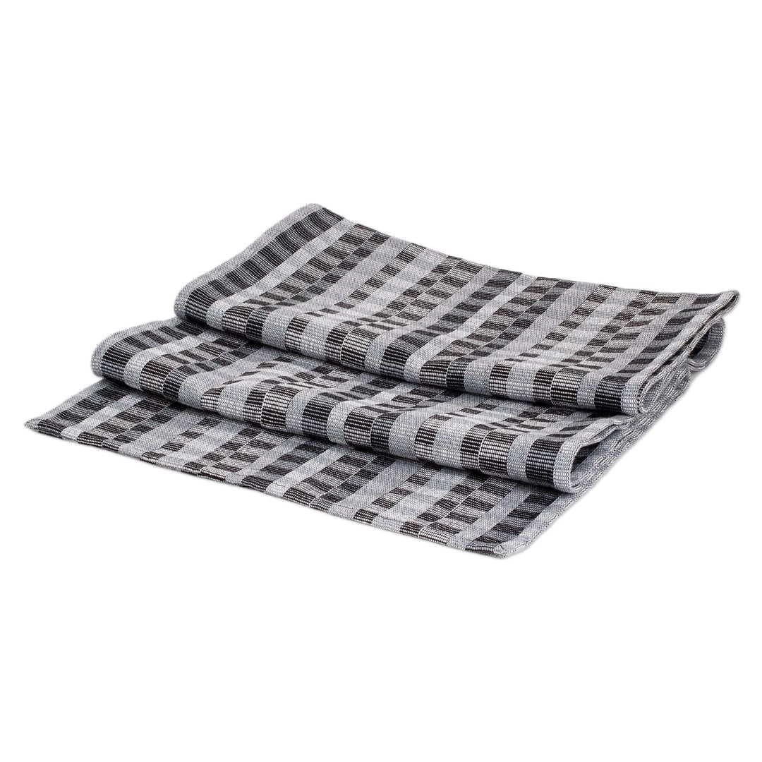 Handwoven Checkered Cotton Table Runner in Black Grey White - Checkered Elegance