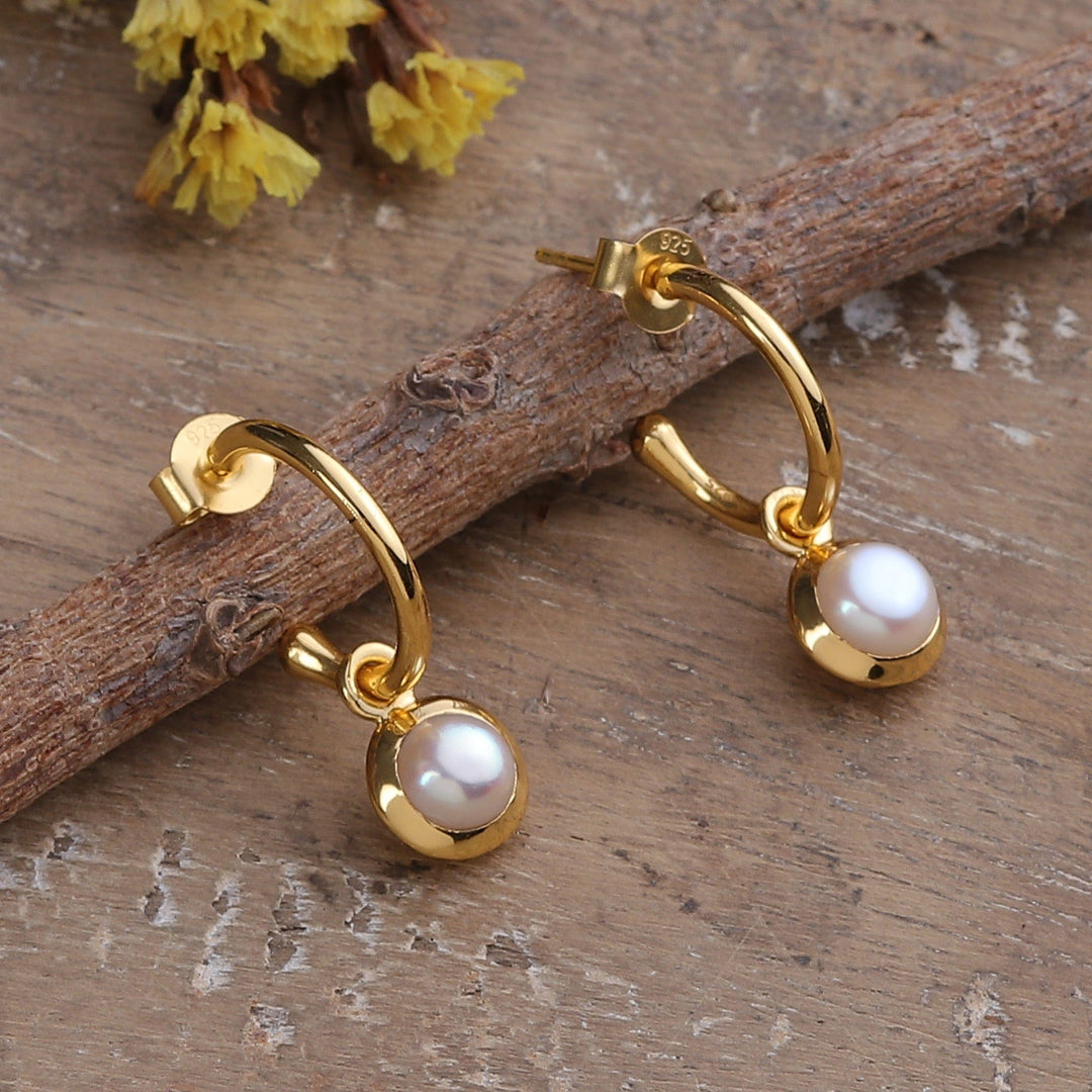 18k Gold-Plated Cultured Pearl Half-Hoop Dangle Earrings - Eden's Romance
