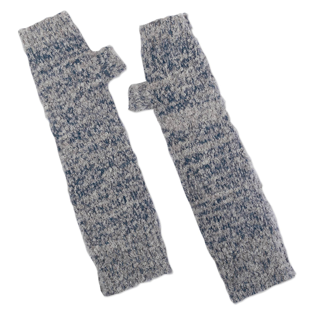 Handmade Grey and Azure Baby Alpaca Blend Fingerless Mittens - Azure Touch