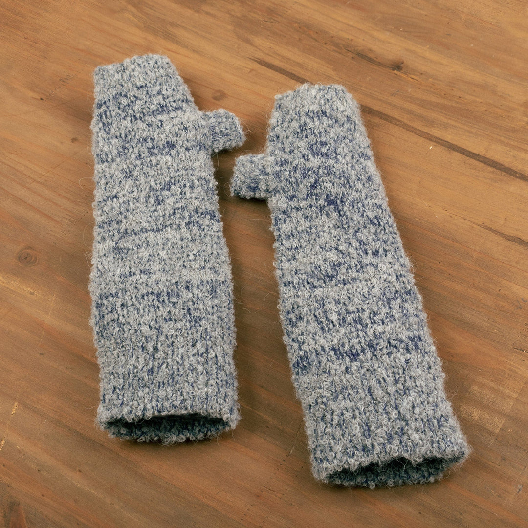 Handmade Grey and Azure Baby Alpaca Blend Fingerless Mittens - Azure Touch