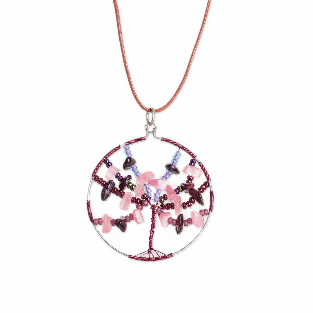 Rose Quartz and Garnet Beaded Tree of Life Pendant Necklace - Mighty Tree