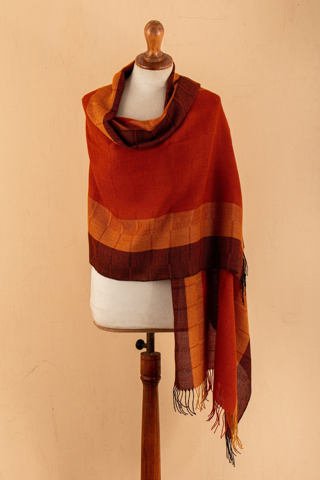 Hand-Woven Striped Fringed Orange 100% Baby Alpaca Scarf - Huancayo Sunset