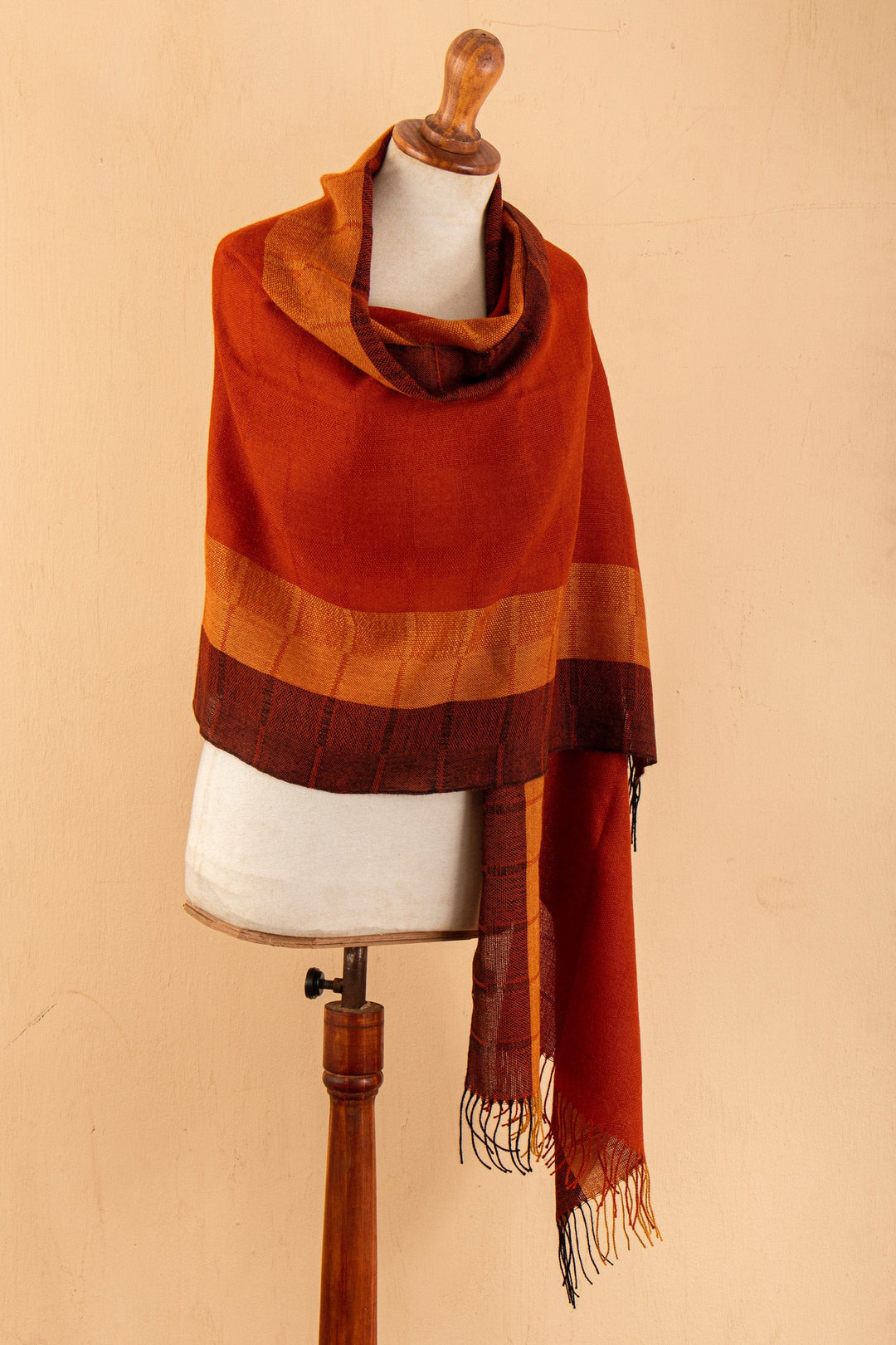 Hand-Woven Striped Fringed Orange 100% Baby Alpaca Scarf - Huancayo Sunset