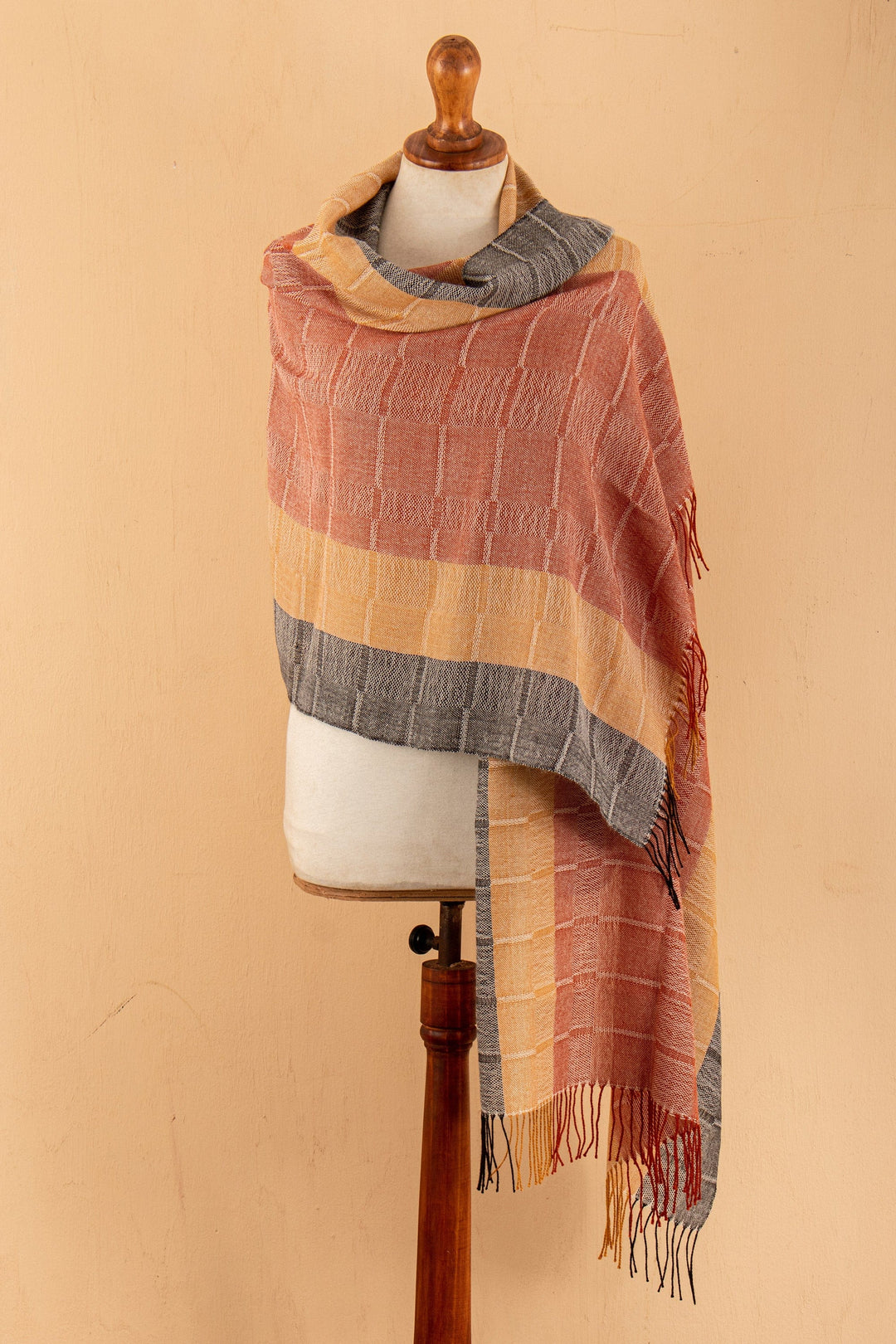 Hand-Woven Striped Orange and Yellow 100% Baby Alpaca Shawl - Deserts
