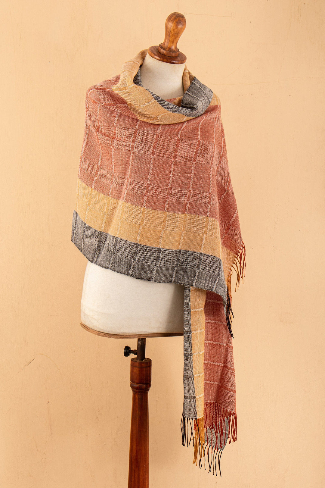 Hand-Woven Striped Orange and Yellow 100% Baby Alpaca Shawl - Deserts