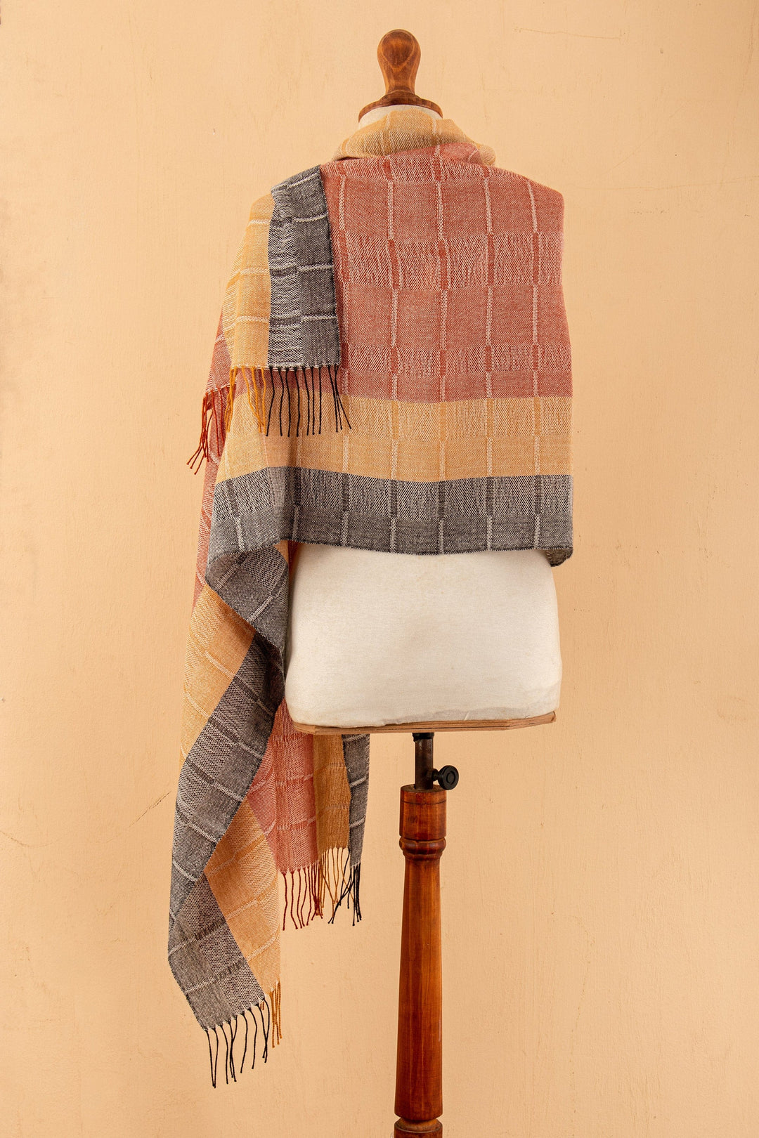 Hand-Woven Striped Orange and Yellow 100% Baby Alpaca Shawl - Deserts