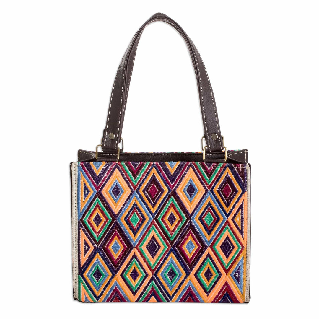 Faux Leather-Accented Diamond-Patterned Cotton Handbag - Cultural Goddess
