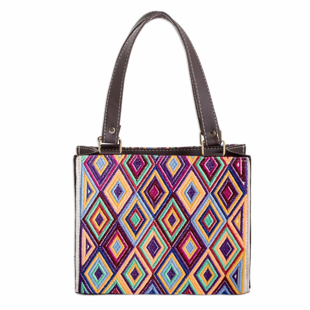 Faux Leather-Accented Diamond-Patterned Cotton Handbag - Cultural Goddess