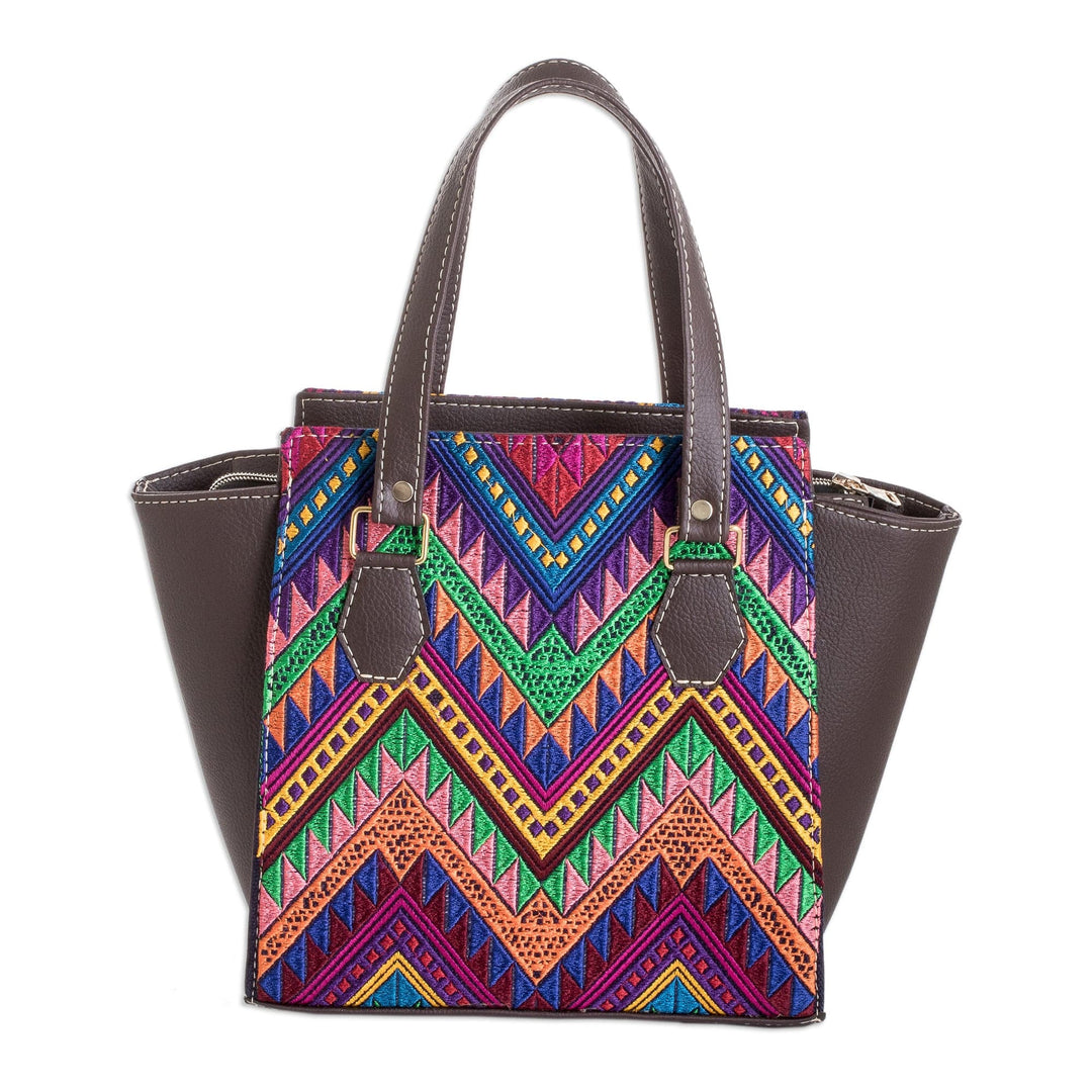 Faux Leather-Accented Chevron-Patterned Cotton Handbag - Colors of My Home