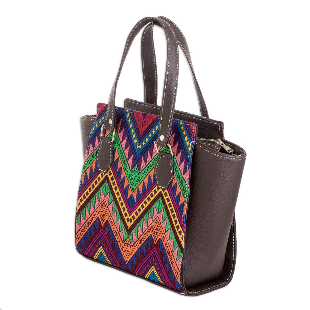 Faux Leather-Accented Chevron-Patterned Cotton Handbag - Colors of My Home