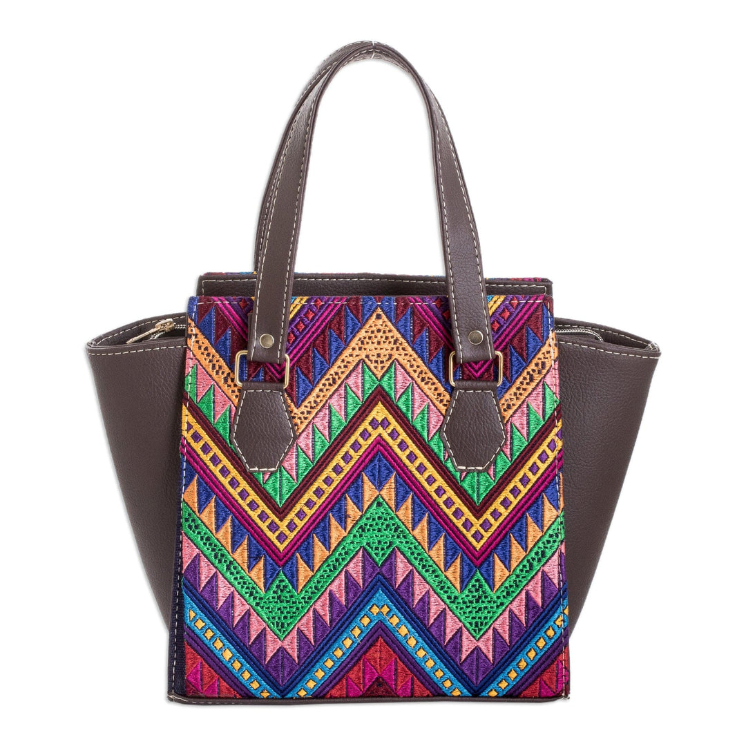 Faux Leather-Accented Chevron-Patterned Cotton Handbag - Colors of My Home