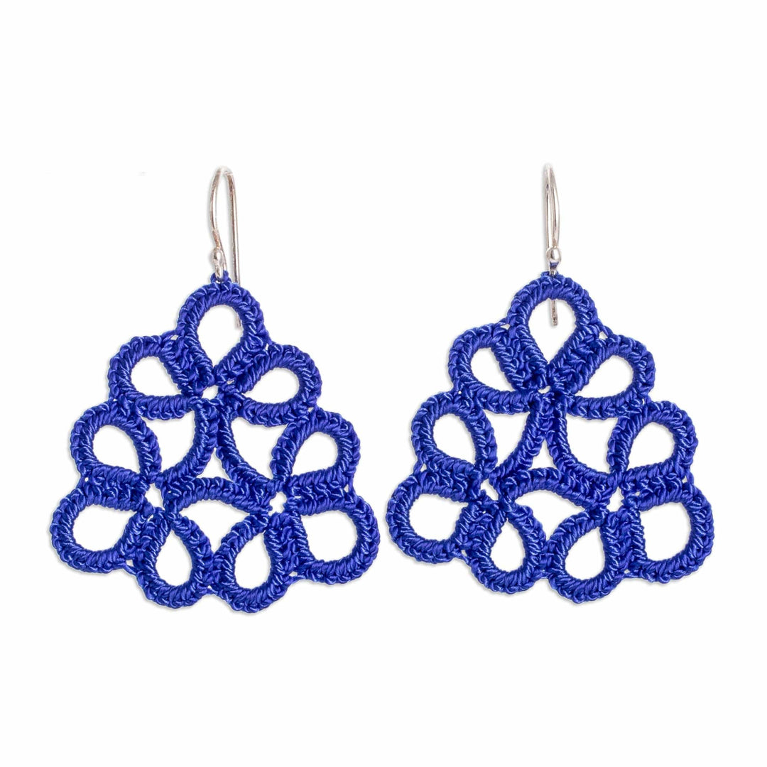 Hand-Tatted Blue Dangle Earrings with Sterling Silver Hooks - Floral Essence in Blue
