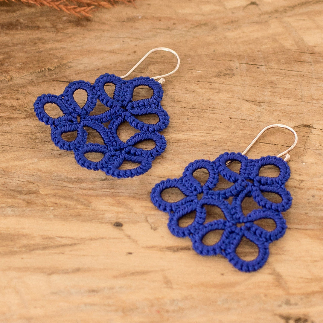 Hand-Tatted Blue Dangle Earrings with Sterling Silver Hooks - Floral Essence in Blue