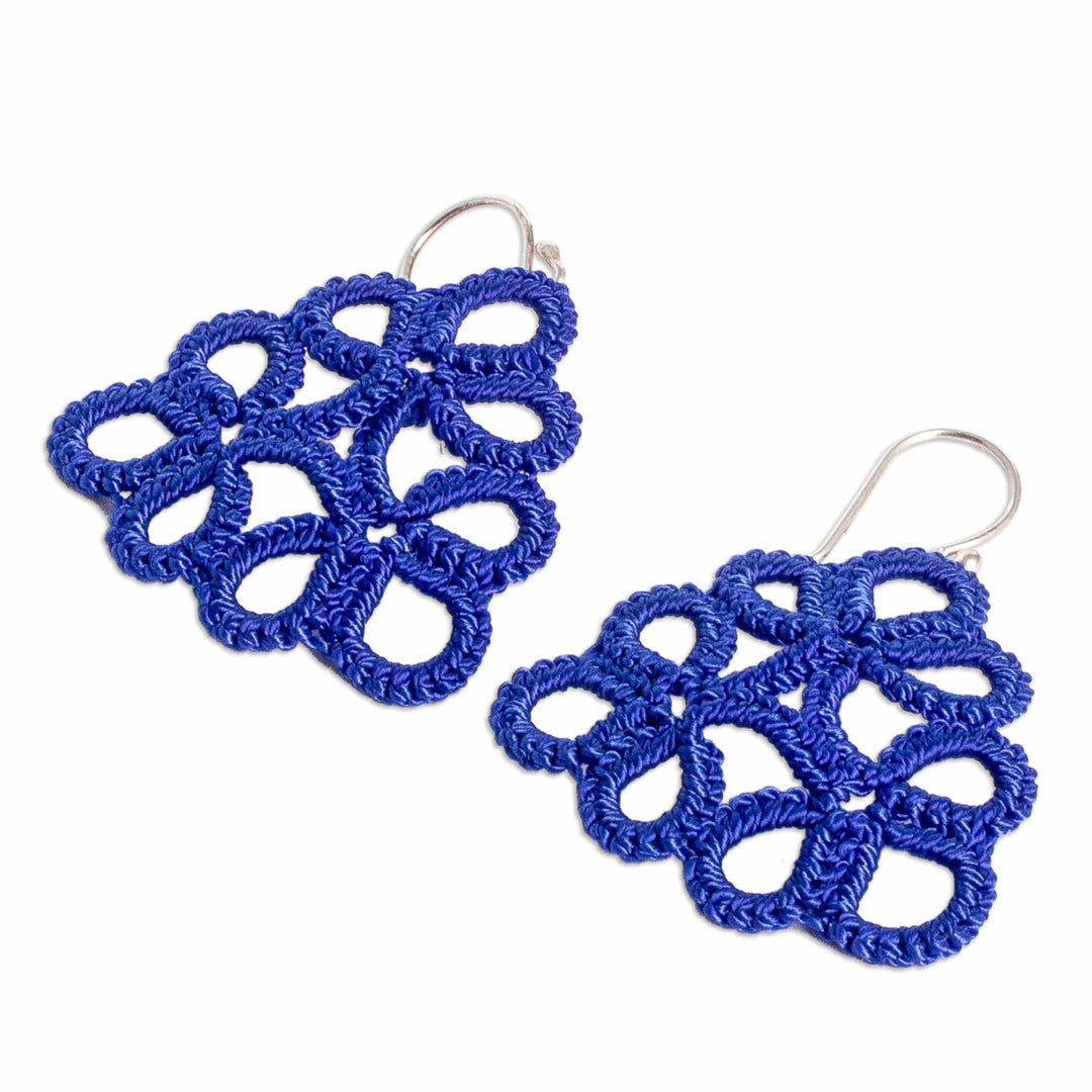 Hand-Tatted Blue Dangle Earrings with Sterling Silver Hooks - Floral Essence in Blue