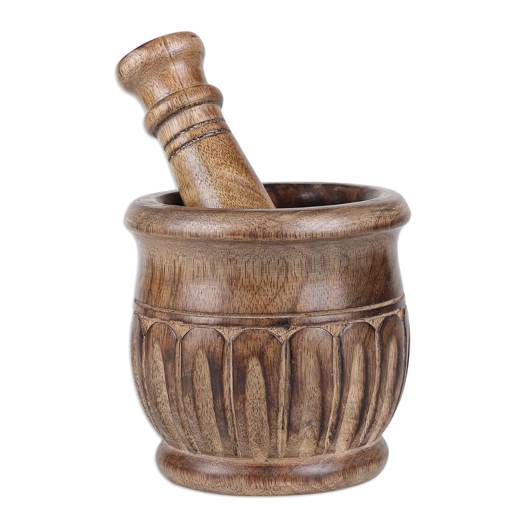 Hand-Carved Wood Mortar and Pestle with Burnt Finish - Aesthetic Essence