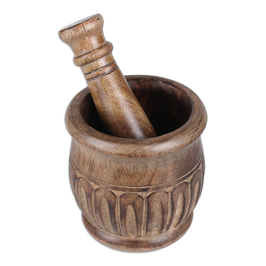 Hand-Carved Wood Mortar and Pestle with Burnt Finish - Aesthetic Essence