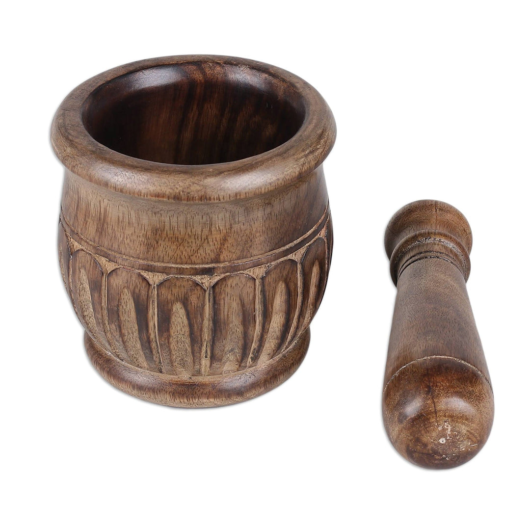 Hand-Carved Wood Mortar and Pestle with Burnt Finish - Aesthetic Essence