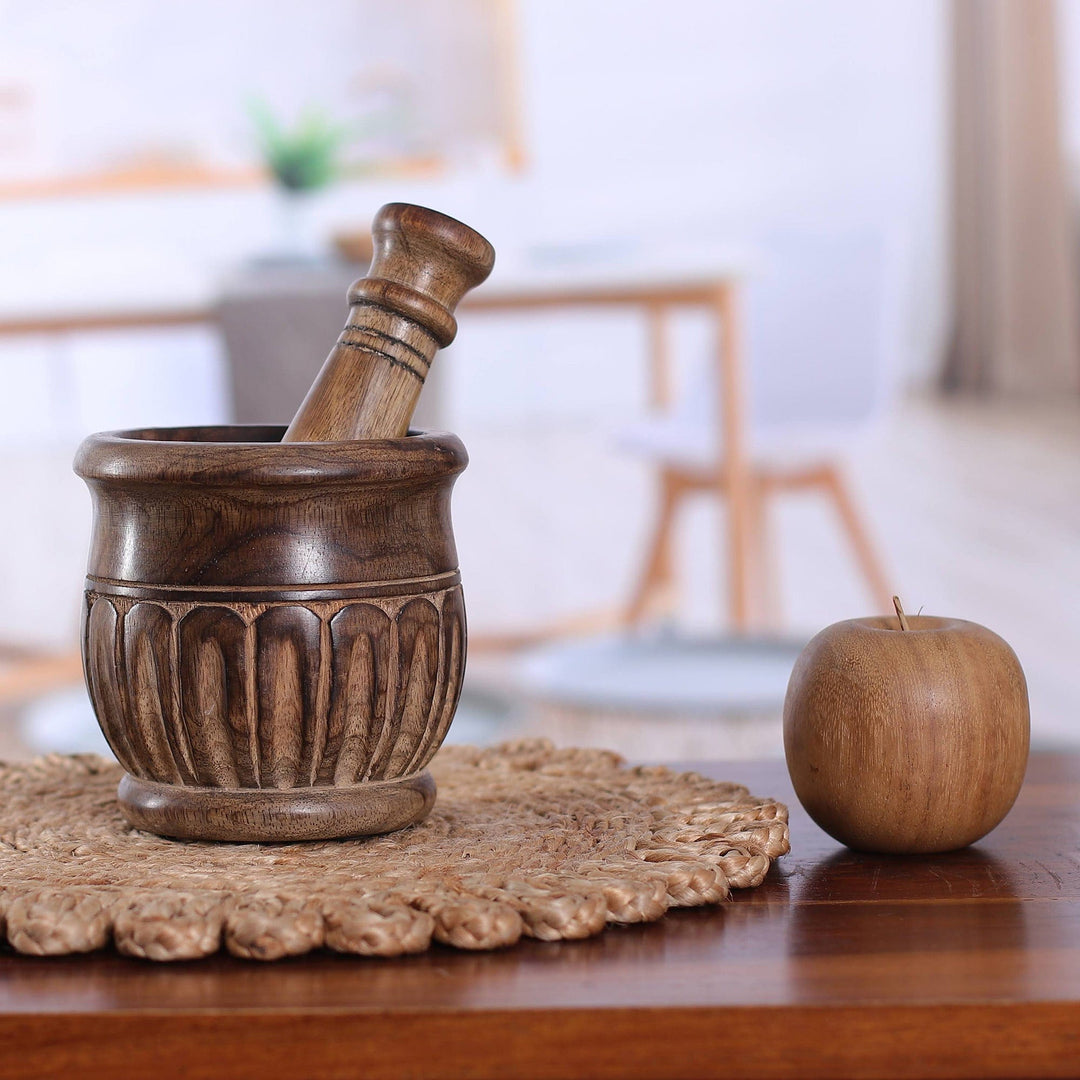 Hand-Carved Wood Mortar and Pestle with Burnt Finish - Aesthetic Essence