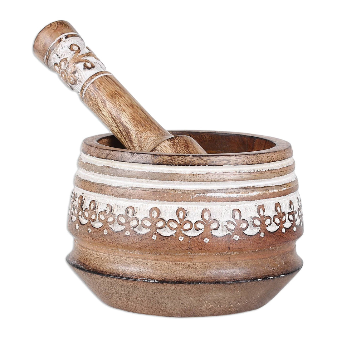 Floral-Themed Wood Mortar & Pestle with Distressed Finish - Rustic Flavor