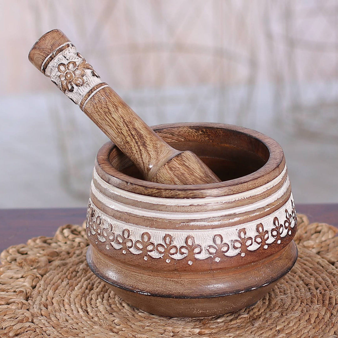 Floral-Themed Wood Mortar & Pestle with Distressed Finish - Rustic Flavor
