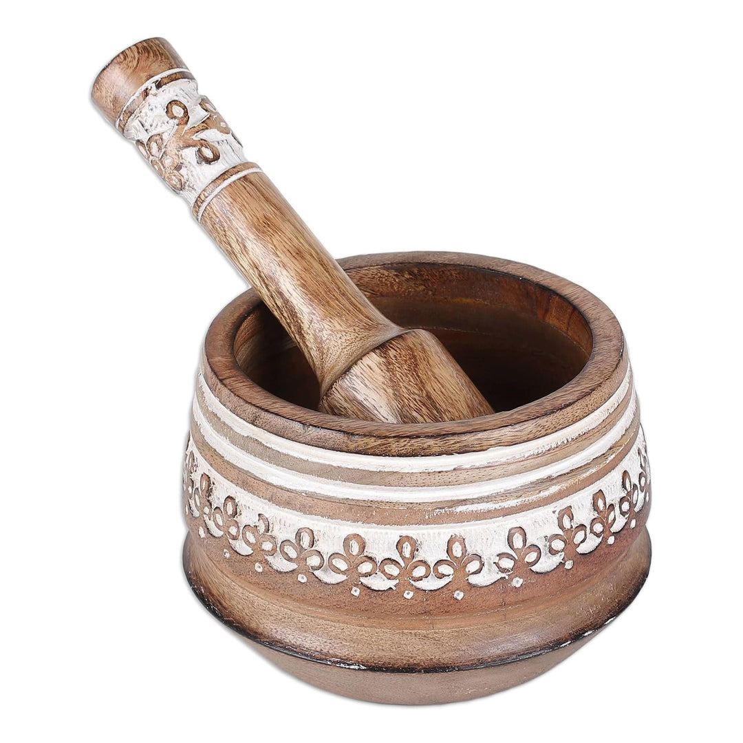 Floral-Themed Wood Mortar & Pestle with Distressed Finish - Rustic Flavor