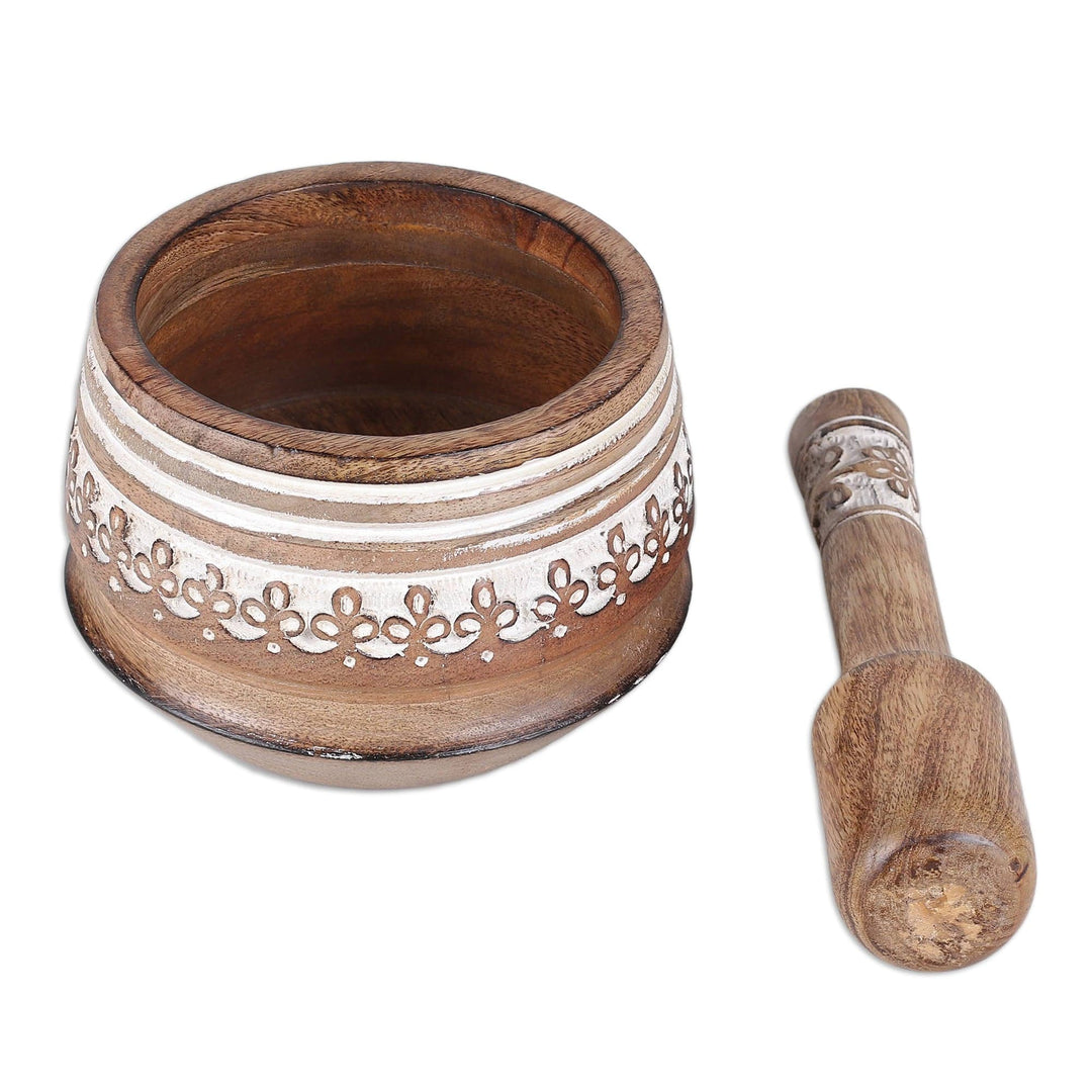 Floral-Themed Wood Mortar & Pestle with Distressed Finish - Rustic Flavor