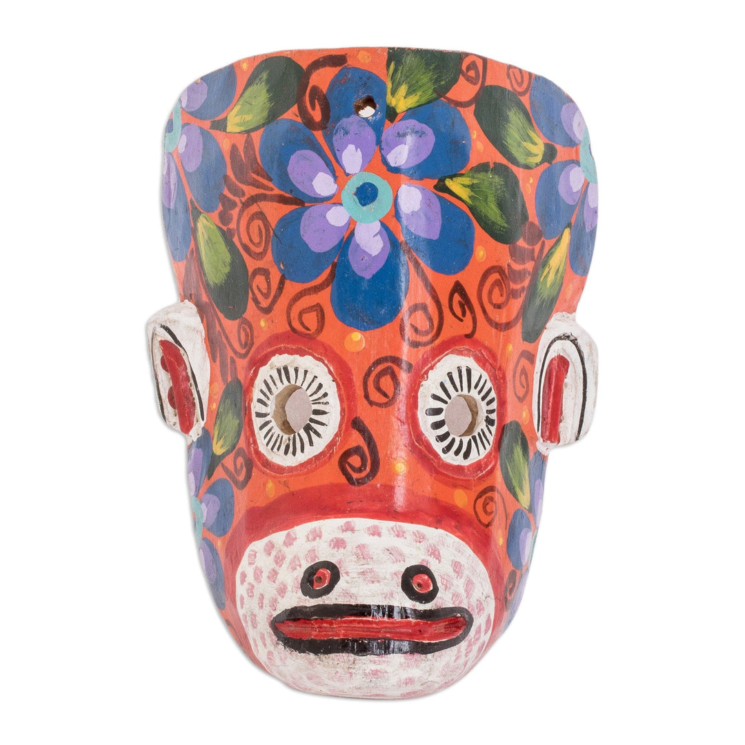 Hand-Painted Floral Monkey Pinewood Mask in Orange - Monkey's Celebration